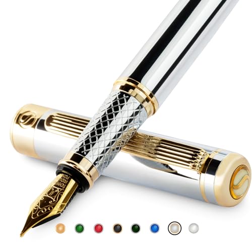 Scriveiner Penna Stilografica Qualità Premium - Penna Stilografica Mozzafiato Con Finitura In Oro 24 Carati, Pennino Dorato Schmidt 18 Carati (Medio),