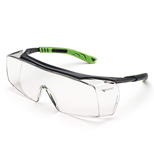 Univet | 5X7 Clear Plus, Occhiali Protettivi Da Lavoro, Sovrapponibili Agli Occhiali Da Vista, Lenti Antigraffio, (En166, En170)Gun Metal/Verde.