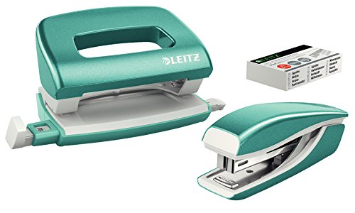Leitz Set Con Mini Cucitrice E Perforatore, Capacità Fino A 10 Fogli, Include Punti, Gamma Wow, Blu (Ghiaccio)