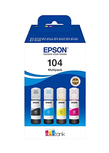 Epson 104, Inchiostri Originali Dye A 4 Colori Ciano, Magenta, Giallo, Nero Flacone Da 65 Ml, Ecotank 104