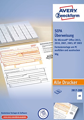 Avery Zweckform 2817 Überweisung/Modulo Di Pagamento Per Stampante Pc, 200 Fogli A4