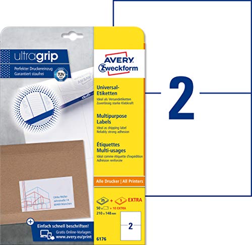 Avery Zweckform 6176 - Etichette Di Spedizione Universali Per Servizio Di Affrancatura Online Dhl, 210 X 148 Mm, Confezione Da 25 Fogli Con 50 Etichet