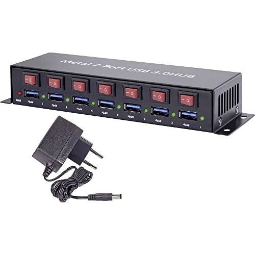 Hub Usb 3.0 Renkforce Rf-3269622 7 Porte Contenitore In Metallo, Commutabile Singolarmente, Per Montaggio A Parete Nero