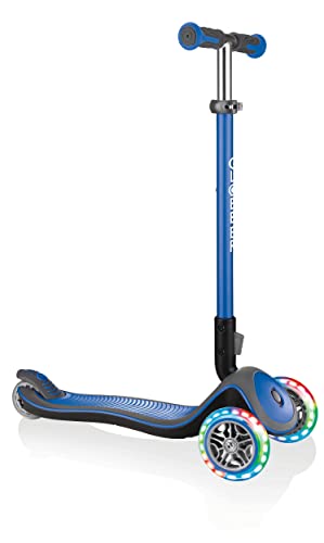 Globber - Elite Deluxe Lights - Monopattino Pieghevole E Illuminato A 3 Ruote Per Bambini Dai 3 Ai 9 Anni + , Blu Marino