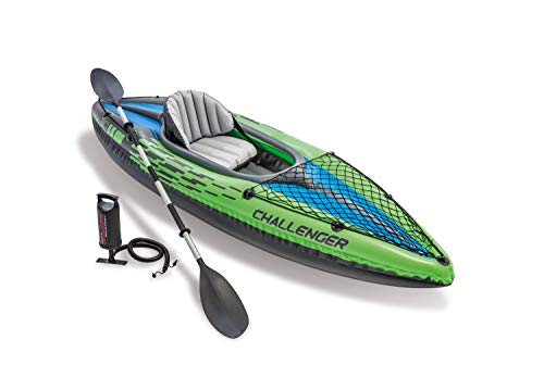 Intex Challenger K1 Kayak 1 Man Inflatable Canoe With Aluminum Oars And Hand Pump, Green/Blue