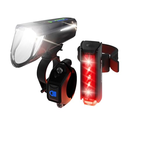Fischer Set Di Luci A Led Per Bicicletta Twin Stop 100 Lux Con Abbagliante, Con Modalità Sensore, Lunga Durata, Alloggiamento In Alluminio Stabile, Co