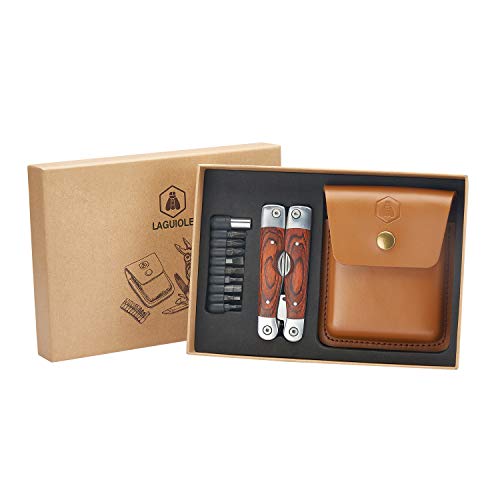Laguiole - Pinze Multifunzione Laguiole 40268486 In Acciaio Inossidabile (8 Funzioni) Con Manico In Legno Pakka E Custodia In Pelle Marrone -