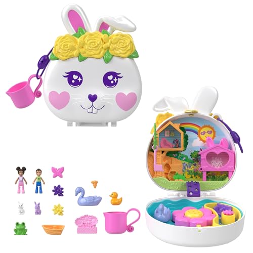 Polly Pocket - Cofanetto Coniglietto Floreale, Playset Com 2 Micro Bambole E Cuccioli Inclusi, Gioco D'Acqua E 12 Accessori Di Cui 2 Cambia Colore, Gi