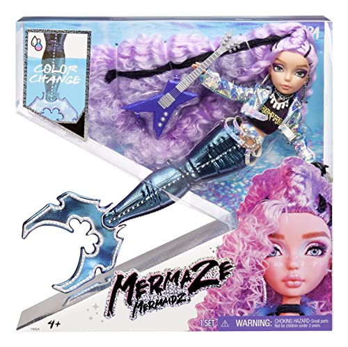 Mermaze Mermaidz - Riviera - Bambola Alla Moda Sirena Con Coda Che Cambia Colore In Acqua Calda E Capelli Ricci Viola - Include Vestito E Accessori -
