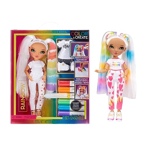 Rainbow High Colour & Create Fashion Diy Doll - Occhi Verdi, Coda Di Cavallo, Top E Scarpe In Regalo, Pennarelli Arcobaleno Lavabili - Colora, Crea, G