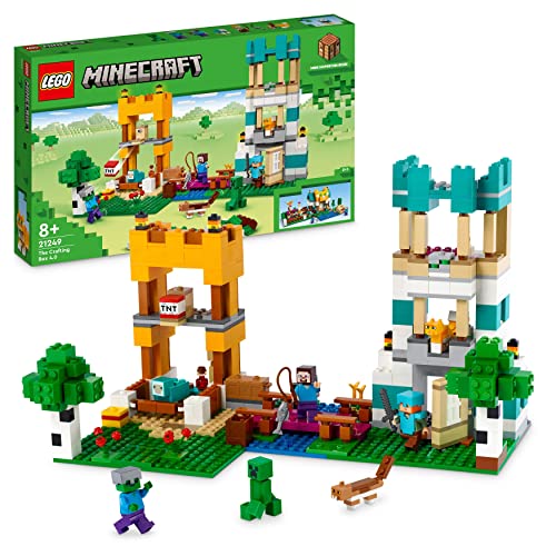 Lego Minecraft Crafting Box 4.0, Playset 2In1, Torri Fluviali O Cottage Del Gatto, Con Le Figure Di Alex, Steve, Un Creeper E Uno Zombie, Giocattoli D