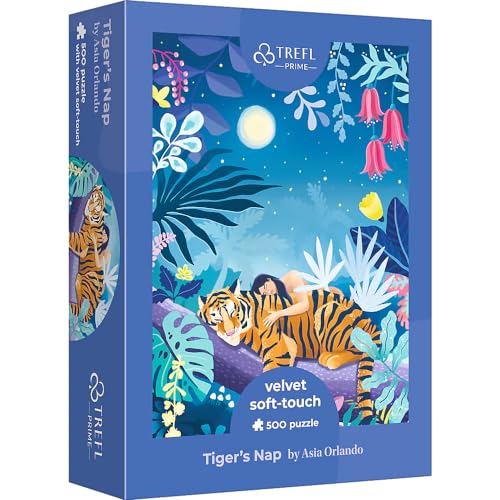 Trefl Prime - Puzzle Uft Velvet Soft Touch: Tiger'S Nap - 500 Elementi, Rivestimento In Velluto, Grafica Unica, Poster In Set, Cartoncino Più Spesso,