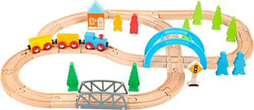 Small Foot Small Foot-11491 Ferrovia Grande Viaggio, Legno, Set Ferroviario Da Costruire, 40 Pezzi Giocattoli, Multicolore, 11491