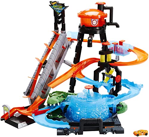 Hot Wheels Mega Autolavaggio Playset Per Macchinine Con Pista Selvaggia E Coccodrillo, Torre Dell'Acqua, Vasca Del Vortice, Un Veicolo Cambiacolore, G