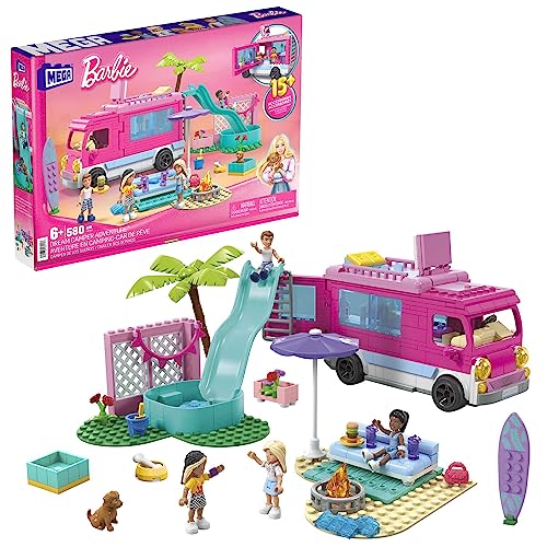 Mega Barbie - Camper Dei Sogni, Playset Da Costruire Da 580 Pezzi, Include 4 Mini Bambole E Tanti Accessori, Giocattolo Per Bambini, 6+ Anni, Hpn80