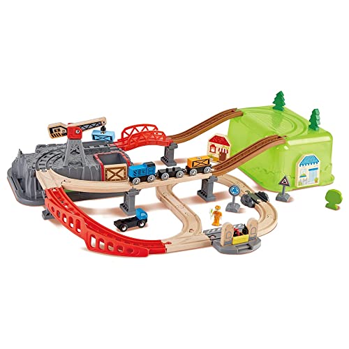 Hape Sustainable Wood Toy Train, Railway Bucket 50-Piece Builder Set With Railway Tracks, 1 Railwayman, 1 Signal Box, 1 Truck, 1 Crane. 3 Years +