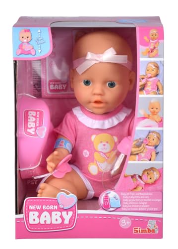 Simba 105030069 - Bambola New Born Baby In Vinile Con Funzione Bere E Umidità, Con Certificato Di Nascita E Accessori, 4 Pezzi, 30 Cm, Per Bambini Dai