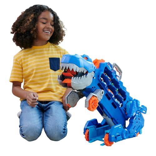Hot Wheels City - Mega Dino Trasportatore, Pista Da Corsa Che Si Trasforma In Un T-Rex, Playset Con Luci E Suoni, Box Per Riporre 20 Macchinine In Sc