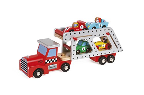 Janod - From 2 Years Old - Large Wooden Car Carrier - 4 Wooden Cars Included - Develops Imagination - J08572