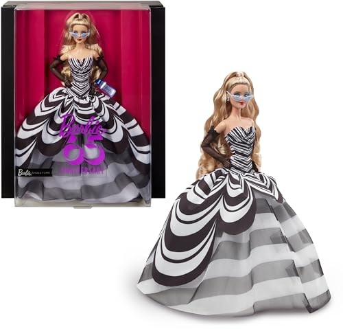 Barbie Signature 65° Anniversario - Bambola Glamour Da Collezione Con Capelli Biondi, Abito Bianco E Nero, Orecchini E Occhiali Da Sole Con Zaffiro, G