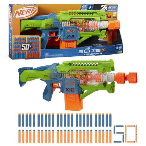 Nerf Elite 2.0, Blaster Lancia-Dardi Double Punch, 50 Dardi Nerf Elite, 2 Caricatori Da 10 Dardi, Blaster Nerf Motorizzato, Dagli 8 Anni In Su