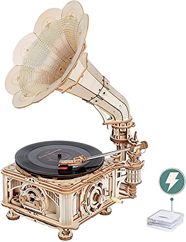Rokr Puzzle 3D Legno Per Bambini E Adulti Modellismo Da Costruire Grammofono Classico Kit Modello, Modalità Automatica E Manuale Lkb01D