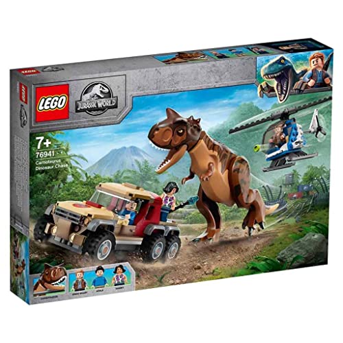 Lego Jurassic World L'Inseguimento Del Dinosauro Carnotaurus Con Elicottero E Camioncino, Giocattoli Per Bambini Dai 7 Anni In Su, 76941