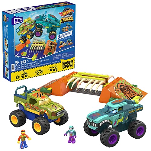 Mega Hot Wheels Monster Trucks - Percorso Sfasciacarrozze Mega-Wrex Scontra E Schianta, Set Da Costruzione Con 332 Pezzi, 2 Veicoli E 2 Micro Action F