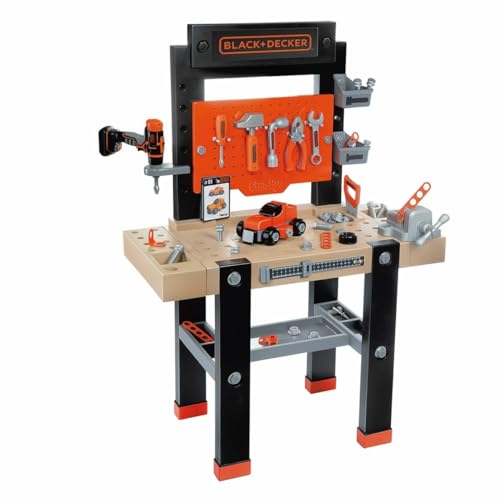 Smoby - Black + Decker Bricolo Center, 7600360727, 3 Anni, Banco Da Lavoro Con 91 Accessori, Incluso Trapano Meccanico Con Impugnatura Soft