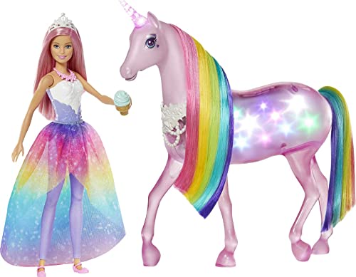 Barbie Fxt26 Dreamtopia Playset Con Bambola E Unicorno Grande Che Si Illumina Con Chioma Da Pettinare, Giocattolo Per Bambini 3+ Anni, Única, Imballag
