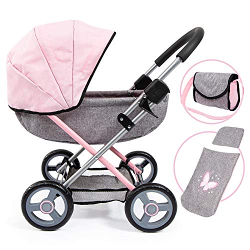 Bayer-12733Aa Carrozzina Per Bambole Cosy, Pieghevole, Con Borsa, Cuscino E Coperta, Farfalla, Colore Rosa-Grigio, 46 Cm, 12733Aa