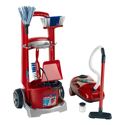Klein Theo 6742 Carrello Delle Pulizie Vileda Con Scopa, Mocio, Secchio E Molto Altro, Con Aspirapolvere A Batterie Con Funzione Di Aspirazione E Sono