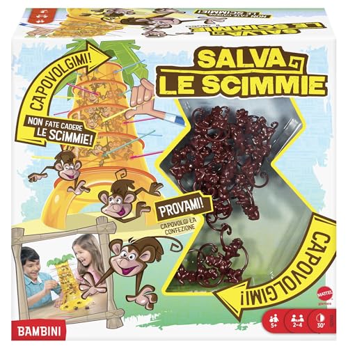 Mattel Games - Salva Le Scimmie, Gioco Per Tutta La Famiglia Da 2 A 4 Giocatori, Include 30 Scimmie, 30 Bastoncini Colorati E Un Dado Speciale, Giocat
