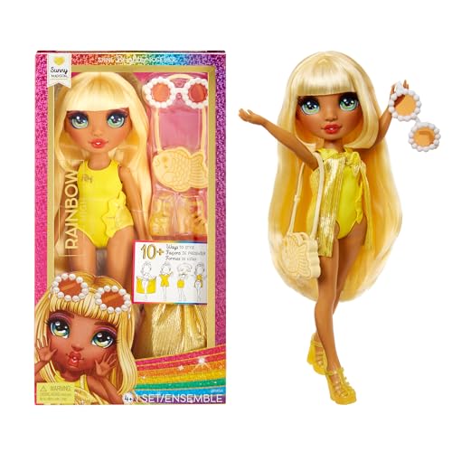Rainbow High Swim & Style - Sunny (Giallo) - Bambola Da 28 Cm Con Confezione Scintillante E Oltre 10 Outfit - Costume Da Bagno Rimovibile, Sandali, Ac