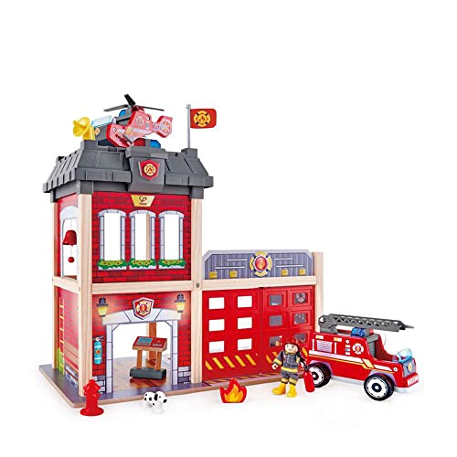 Sustainable Wood Toy Hape Large Fire Station Playset With Battery-Powered Alarms, Fire Fighter, Rescue Dog And Helicopter. 3 Years +