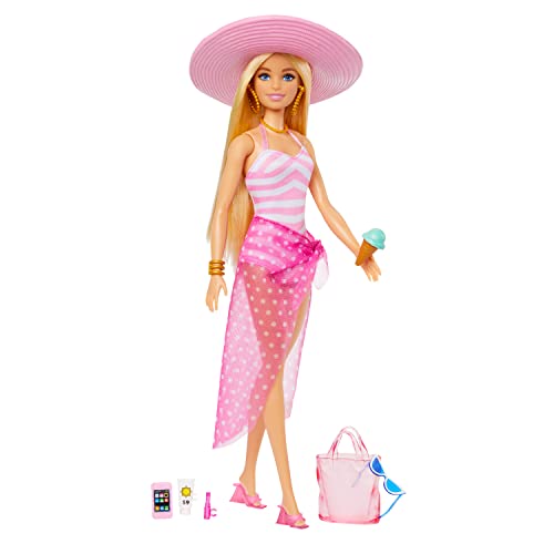Barbie - Bambola Bionda Con Costume Da Bagno Rosa E Bianco, Barbie Con Pareo A Pois, Cappello Da Sole, Tote Bag E Tanti Accessori Da Spiaggia, Giocatt