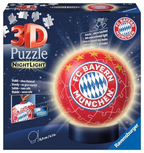 Ravensburger National Soccer Club Nachtlicht Fc Bayern München 3D Puzzle-Ball 72 Teile: Erlebe Puzzeln In Der 3. Dimension, Colore Nero, Ciano, Magent