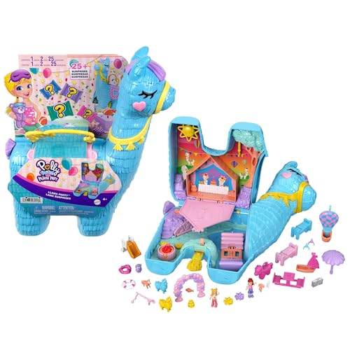 Polly Pocket - Lama Pigiama Party Cofanetto Grande, Oltre 25 Sorprese (Include 2 Mini Bambole), Tema Pigiama Party/Glamping, Funzione Attacca E Stacca