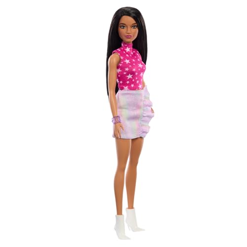 Barbie - Bambola Fashionistas N. 215 Da Collezione 65° Anniversario, Con Capelli Lisci Neri, Top Rosa Con Stampa A Stelle E Gonna Cangiante, Giocattol