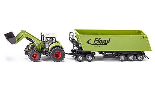 Siku 1949, Trattore Claas Axion Con Caricatore Frontale, Rimorchio Dolly E Cassone Ribaltabile, 1:50, Metallo E Plastica, Verde, Benna Mobile E Bracci