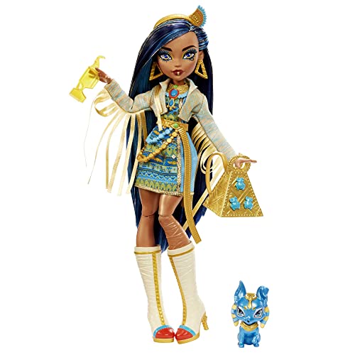 Monster High - Cleo De Nile, Bambola Snodata Alla Moda, Dai Capelli Con Ciocche Blu, Con Accessori E Cagnolino, Giocattolo Per Bambini 4+ Anni, Hhk54