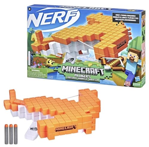 Nerf Minecraft, Balestra Lancia-Dardi Pillager'S Crossbow, Funziona Come Una Vera Balestra, Include 3 Dardi Originali Nerf Elite