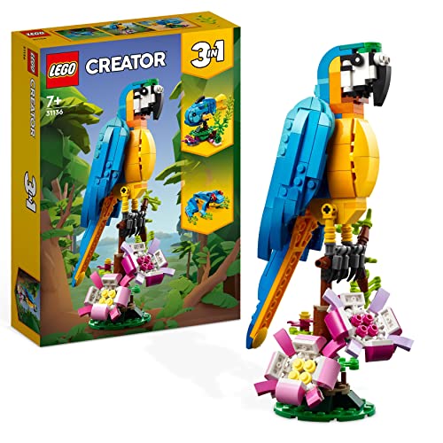 Lego Creator Pappagallo Esotico, Set 3 In 1 Con Pesce E Rana, Animali Giocattolo Per Bambini Da 7 Anni In Su, Giochi Creativi Con Figure Della Giungla