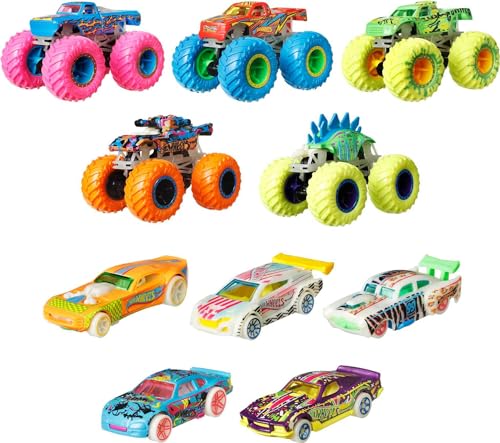 Hot Wheels - Monster Trucks Fluo Set Con 10 Veicoli, 5 Monster Trucks E 5 Macchinine In Scala 1:64 Che Si Illuminano Al Buio, Giocattolo Per Bambini 3