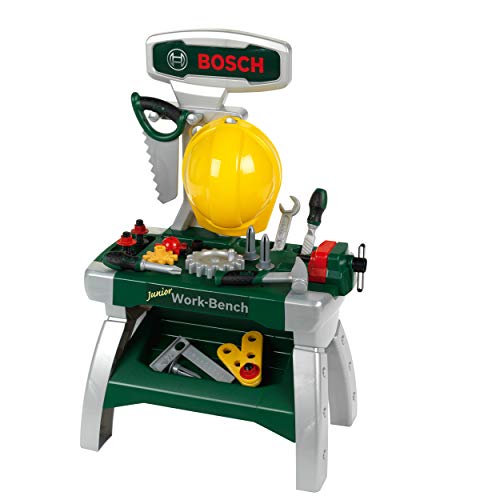 Theo Klein 8612 Banco Da Lavoro Junior 2+ Bosch Incl. Casco, Morsa Da Banco, Attrezzi, Stecche, Chiodi, Viti E Dadi Dimensioni: 49 Cm X 29 Cm X 71 Cm