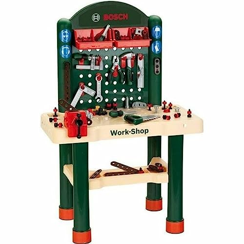 Theo Klein 8461 Workshop Bosch Da 82 Pezzi, Con Piano Di Lavoro Effetto Legno E Funzione Di Apprendimento Con Gioco Di Chiodi, Dimensioni: 67,5 Cm X 3