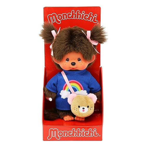 Sekiguchi 233724-Originale Bambina Monchhichi, Maglietta Arcobaleno Fiocchi, Alto Circa 20 Cm In Peluche Marrone, Colore Borsa Messenger, 233724