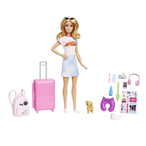 Barbie - Set Da Viaggio Malibu, Bambola E Accessori, Con Cagnolino E Oltre 10 Pezzi, Valigie Funzionanti Incluse, Giocattolo Per Bambini 3+ Anni, Hjy1