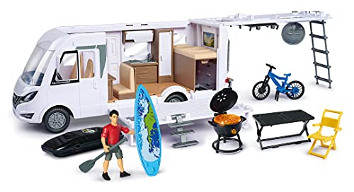 Dickie Toys - Playlife Camper Set, Hymer B-Class Motorhome, Con Pannello, Porta Laterale, Gavone E Tetto Apribili, Incluso Personaggio, E-Bike, Bbq Co