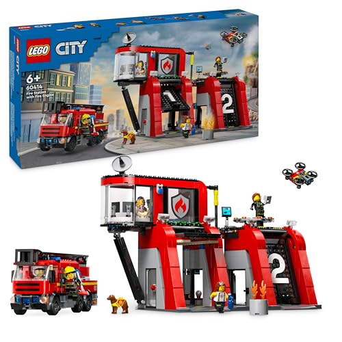 Lego City Caserma Dei Pompieri E Autopompa, Stazione Con Camion Giocattolo D'Emergenza, 6 Minifigure, Cane E Accessori, Gioco D'Azione Dei Vigili Del
